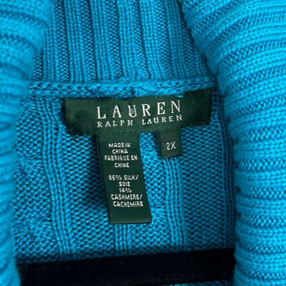 Lauren Ralph Lauren Blue Silk & Cashmere Cowl Neck Cable Knit Sweater 2X - Picture 3 of 4
